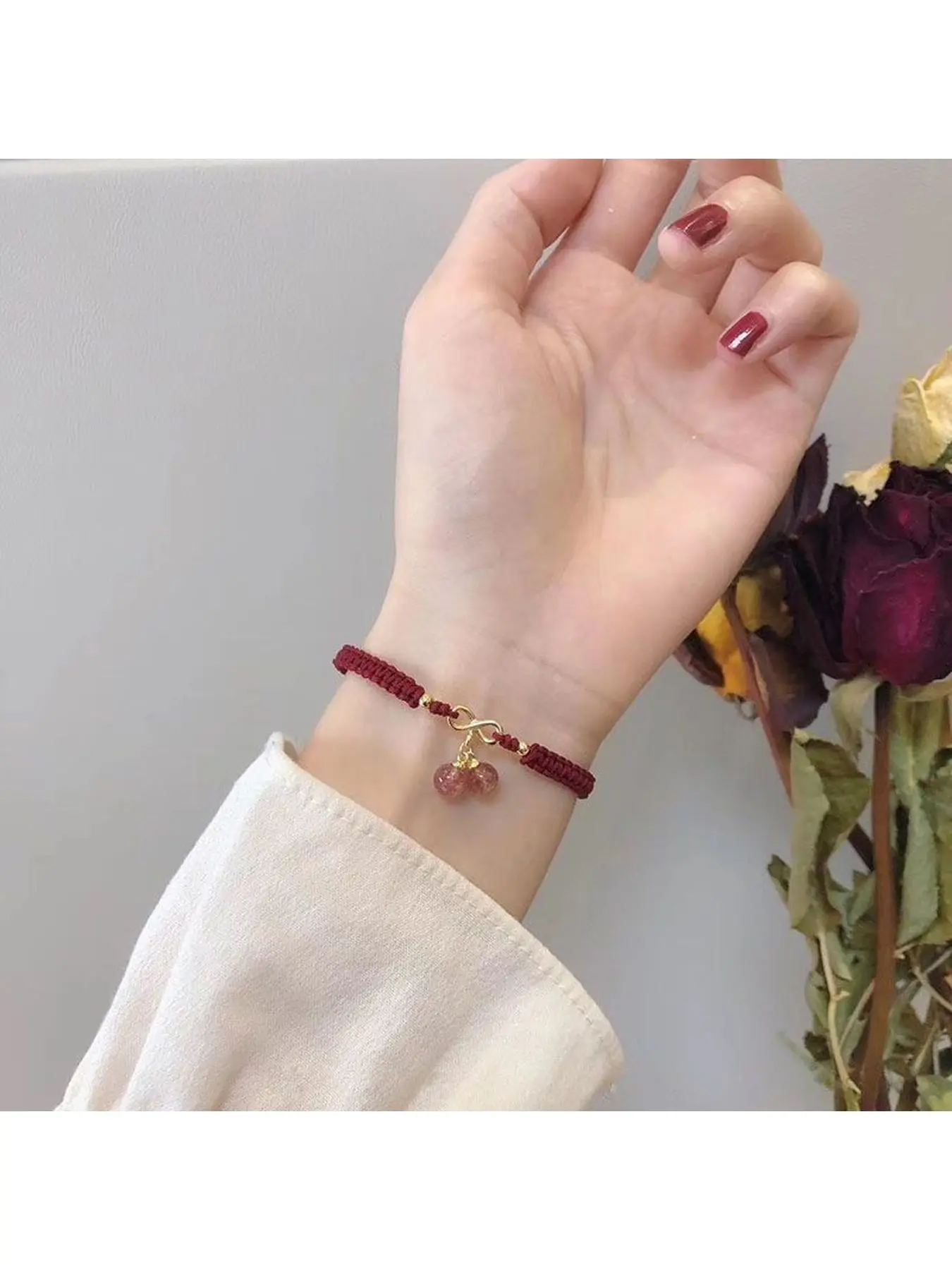 Handmade Strawberry Quartz Cherry Beaded Strand Bracelet for Women Girlfriend Best Friend Gift Crystal Bead Rope Jewelry
