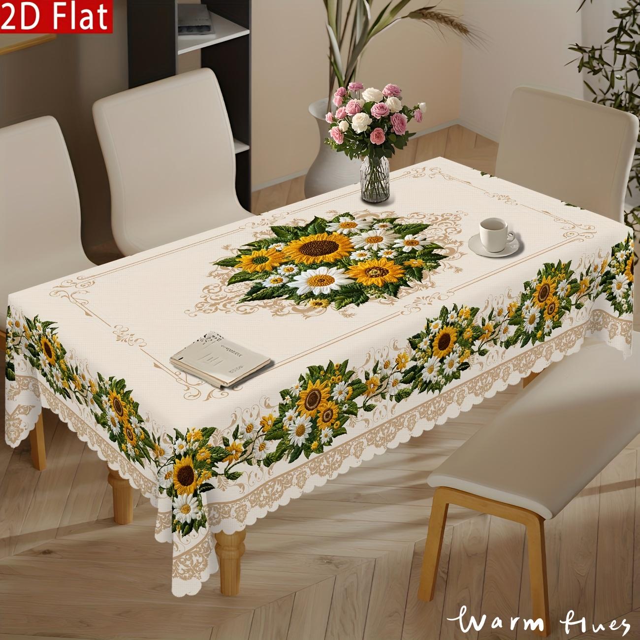1pc Vintage Sunflower & Daisy Tablecloth - Non-Embroidered European Floral Design, Durable Polyester Rectangular Table Cover for Round/Oval Tables, Kitchen Dining Room Patio Picnic Decor, Easy-Clean Vintage Home Decor, Machinemade Textile, Sunflower Kitch