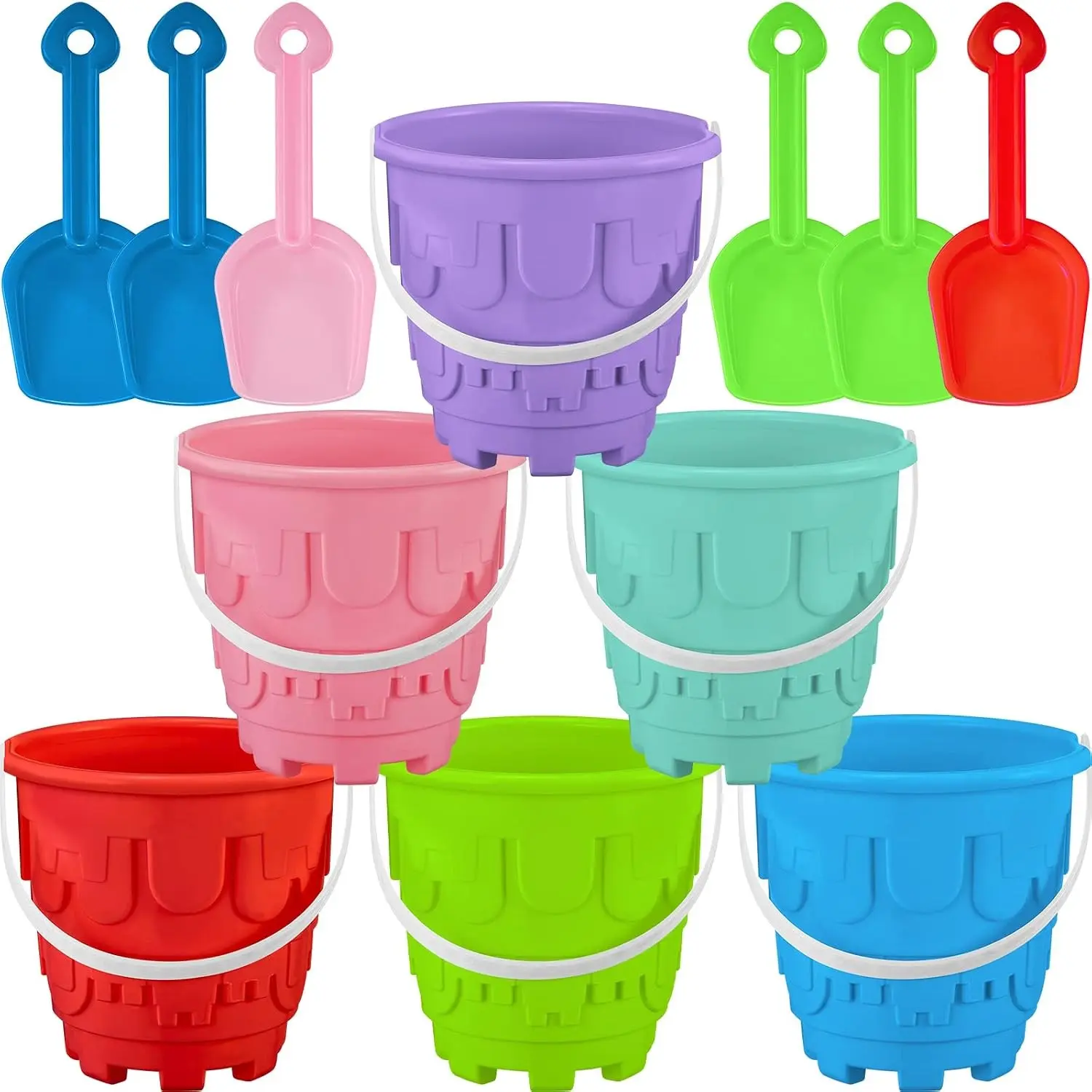 6 Pack 7 Inch Beach Sand Buckets and Shovels Sets Castle Model Sand Buckets and Shovels Set Beach Pails Toys Use for Mould at the Sandbox Summer Pool Party Favors