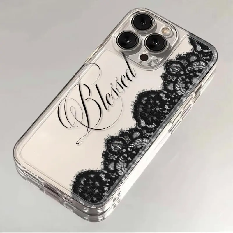 Elegant Black Lace Blessed Script Pattern Clear Space Phone Case for iPhone, Precise Cutout Transparent Shockproof Protective Cover, Slim TPU+PC Hard Clear Case for Women