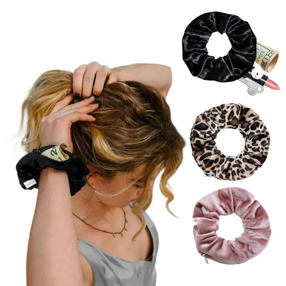 Hidden Storage Hair Tie 3pcs Velvet Hairband with Zipper Pockets, Secure Cash, Lipstick, Keys, Valuable Items, Fashionable Accessory