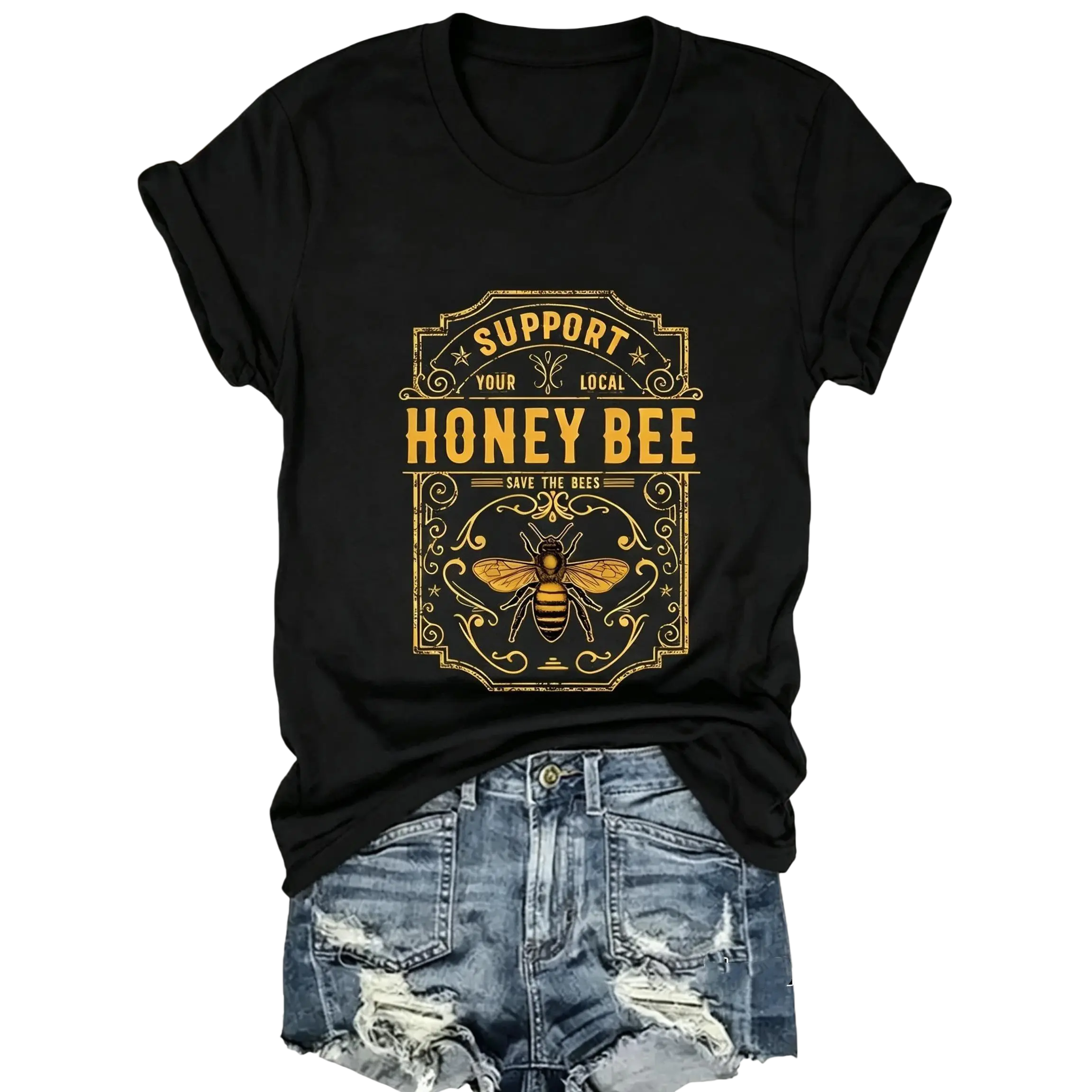 Bee Print T-Shirt, Casual Chic Vacation Summer Womenswear Women's Short Sleeve Top, Soft Fabric, Daily Comfort, Elegant Design, Loose-Fitting, Casual Everyday Tops