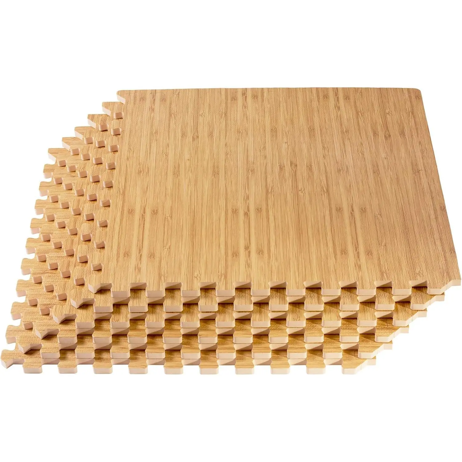 Modern Cushioned Indoor Synthetic Floor Tiles - 5/8-in Thick, Forest Floor Printed, Interlocking Grain Design Tiles