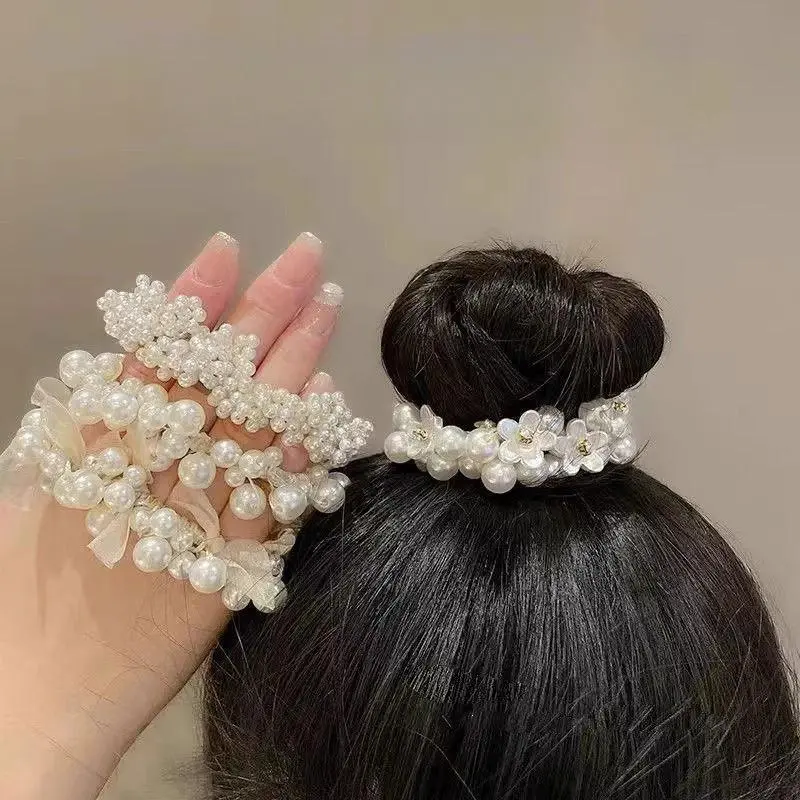 4 Pack Women High Elasticity Pearl-Accent Scrunchie Set, One Size Soft Ponytail Holders for High Ponytail & Bun Hairstyles, All-Season Sports & Daily Outdoor Hair Accessories for Ladies, Summer Wins Fashion Hair Supply