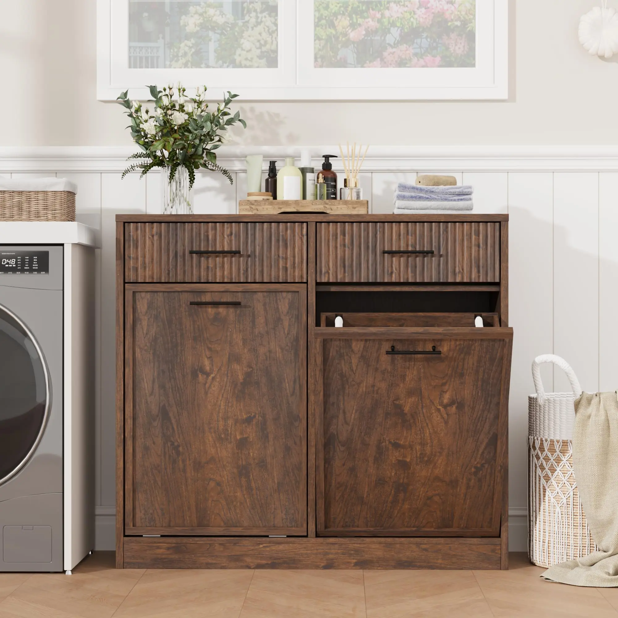Double Tilt Out Laundry Hamper Cabinet with 2 Drawers & waterproof Laundry Baskets, 20 gal Fluted Wooden Trash Can Cabinet, Hidden Garbage Can Cabinets for Bathroom Kitchen, Cherry Red