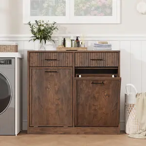 Double Tilt Out Laundry Hamper Cabinet with 2 Drawers & waterproof Laundry Baskets, 20 gal Fluted Wooden Trash Can Cabinet, Hidden Garbage Can Cabinets for Bathroom Kitchen, Cherry Red
