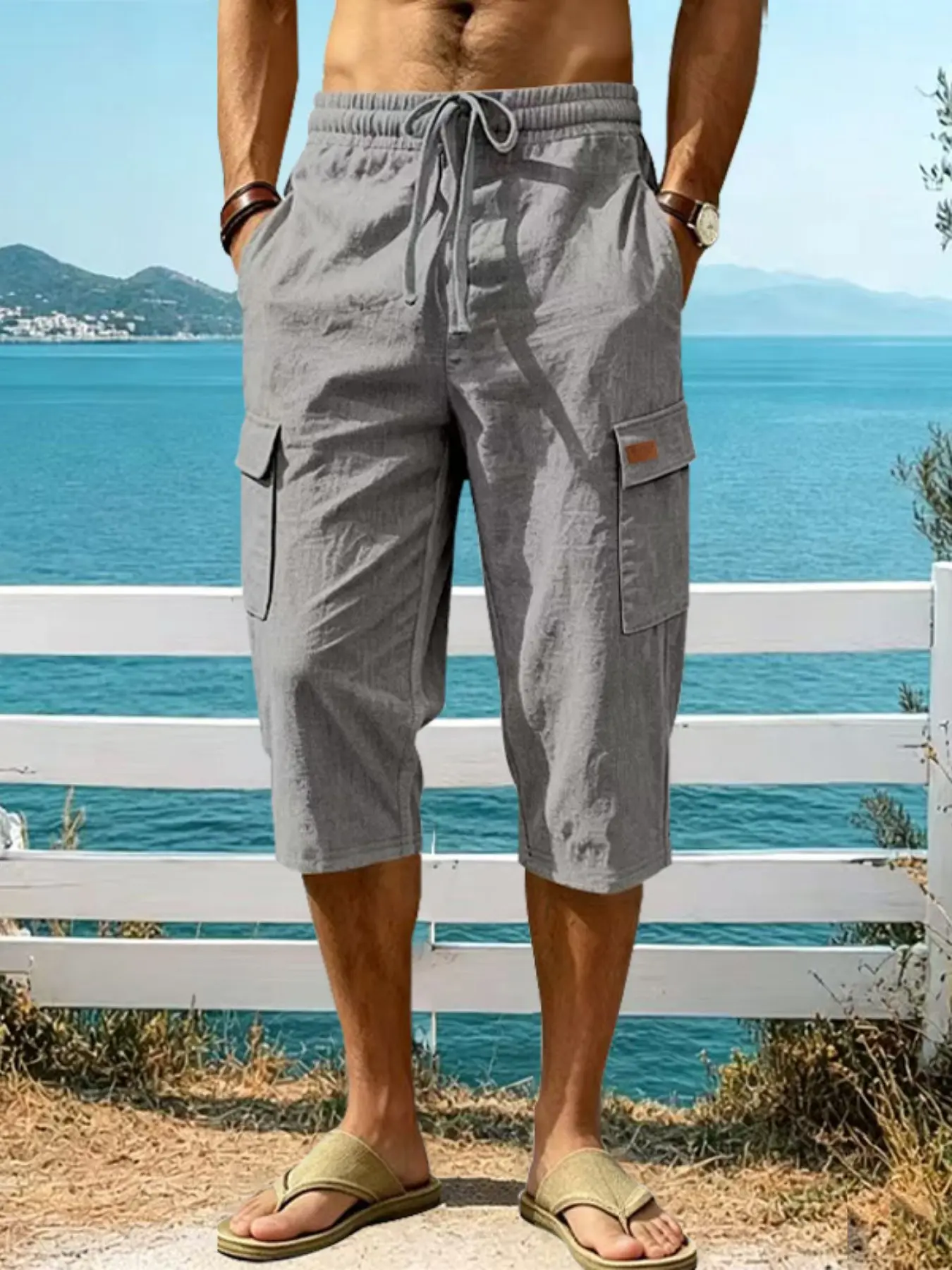 Men's Summer Loose Fit Linen Shorts, Casual Outdoor Workwear, Multi-Pocket 7/8 Inch Pants, Comfortable and Stylish, Bottom Shorts, Fashionable Summer Shorts