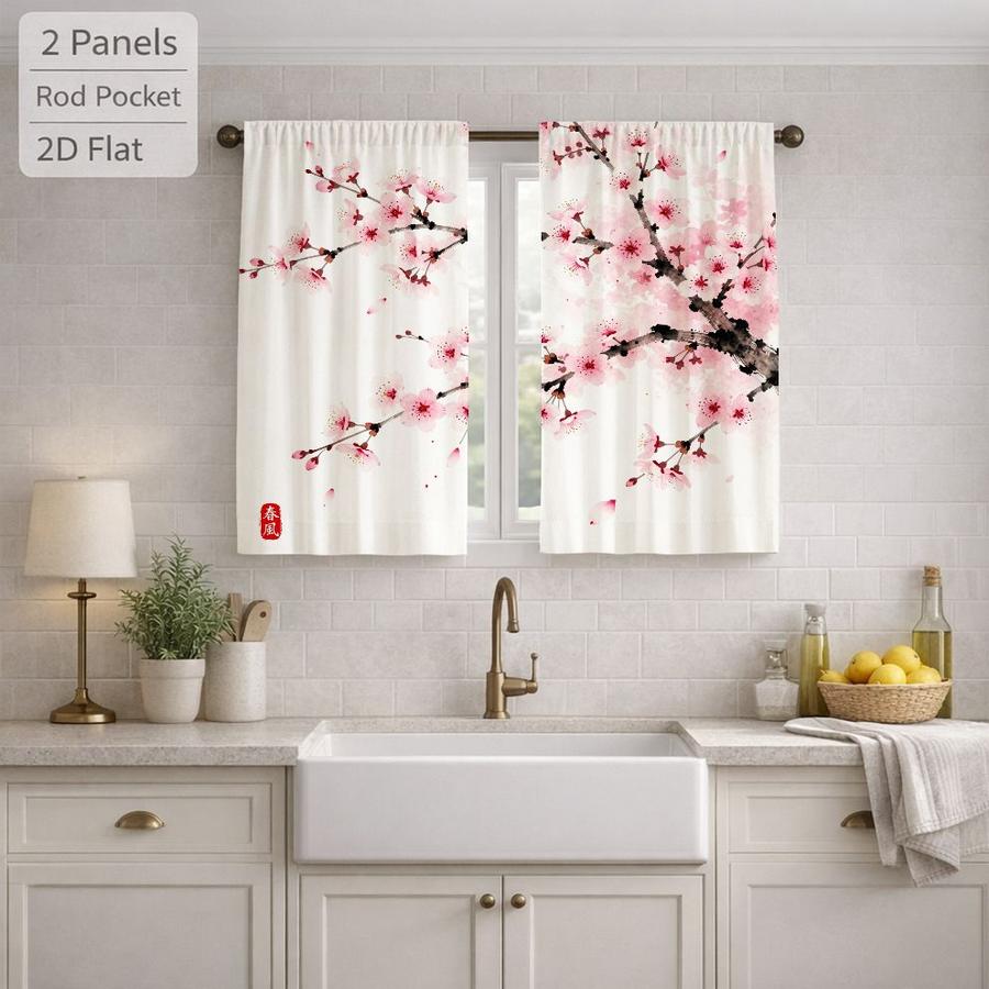 2 Pcs Japanese Style Cherry Blossom Pattern Sun Blocking Curtains Digital Printed Rod Pocket for Bedroom Office Kitchen Living Room Study Home Decor