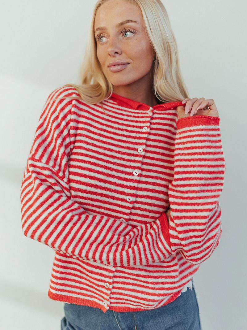 Women's Striped Casual Long Sleeve Loose Knit Sweater, Lightweight Fall & Winter Fashion, Button Front Open Front Design