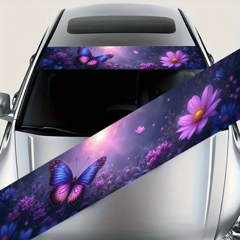 1pc Large Iridescent Butterfly & Purple Floral Car Windshield Sticker - Self-Adhesive Waterproof/Scratch-Resistant Vinyl Decal with Shimmering Pink/Purple/Blue/Pink/Green/Black/Golden Hues for All, Motorcycles, Boats, RVs, Glass/Metal Sur