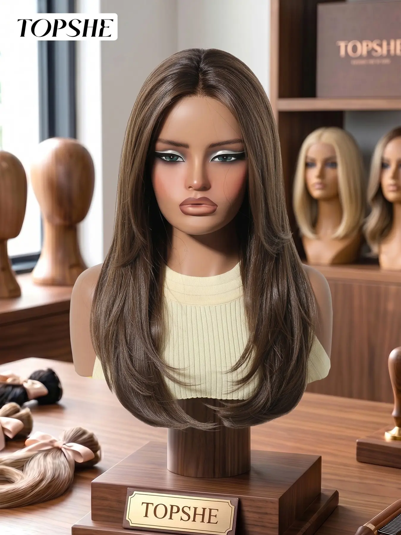 Topshe Monochrome High-Quality Deep Hairpiece, 22 Inches Straight Long Hair, Seamless Lace Front, Perfect for Events & Daily Use, Glueless Synthetic Wigs