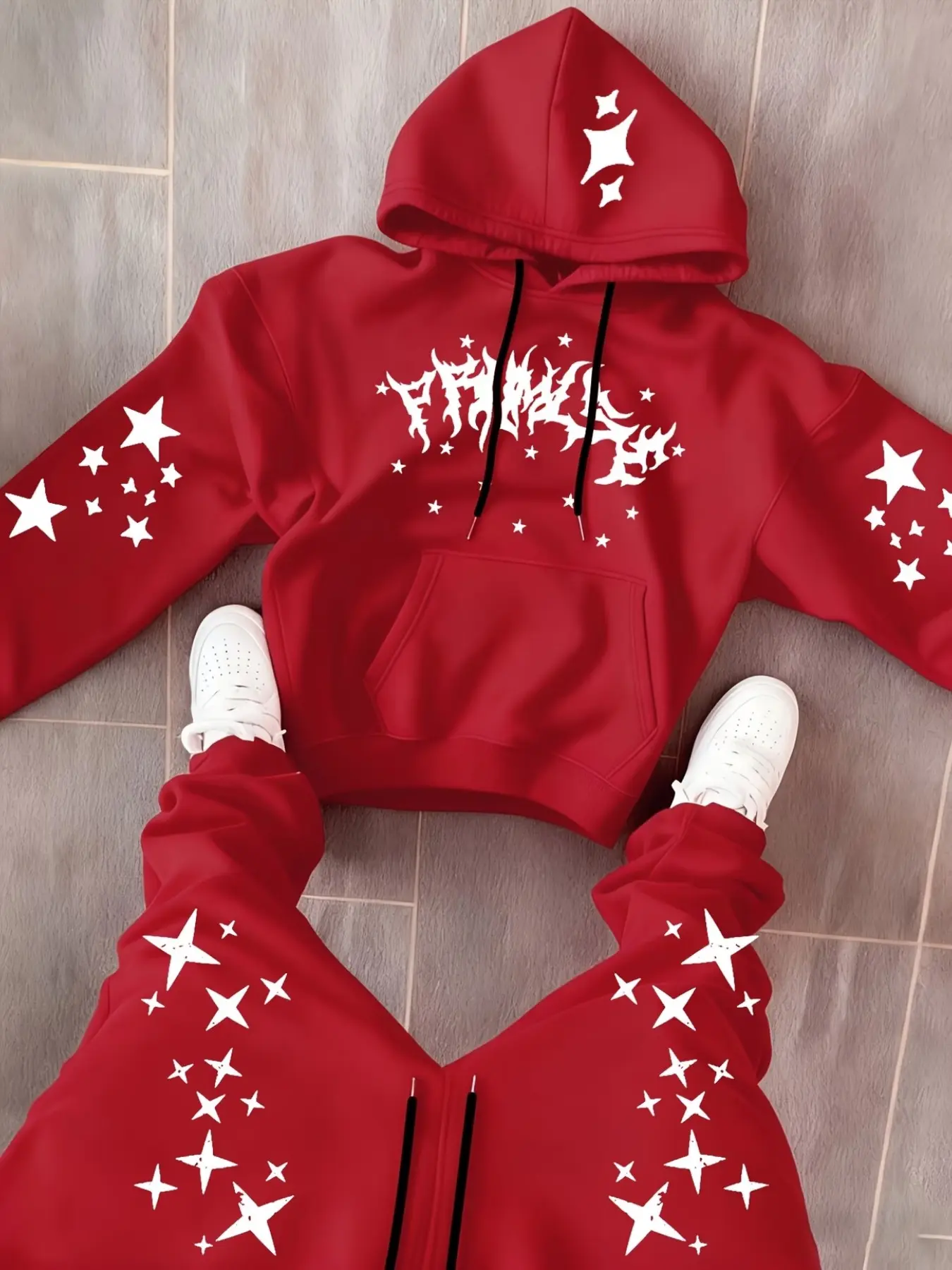 Unisex Y2K Street Style Hoodie Set, Short Sleeve Graphic Print, Dark Font & Stars Pattern, Loose Fit, Trendy Fashion
