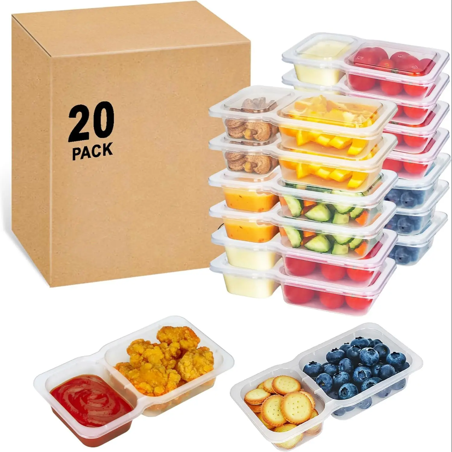 Double-Compartment Snack Box, 20-Pack Leak-Proof BPA-Free Dipping Sauce Box Lunch Box, Double-Compartment Design, Portion Control Lunch Box, Reusable Plastic Food Storage Bowl, Food Dispensing Box, Food Storage Glass Container.