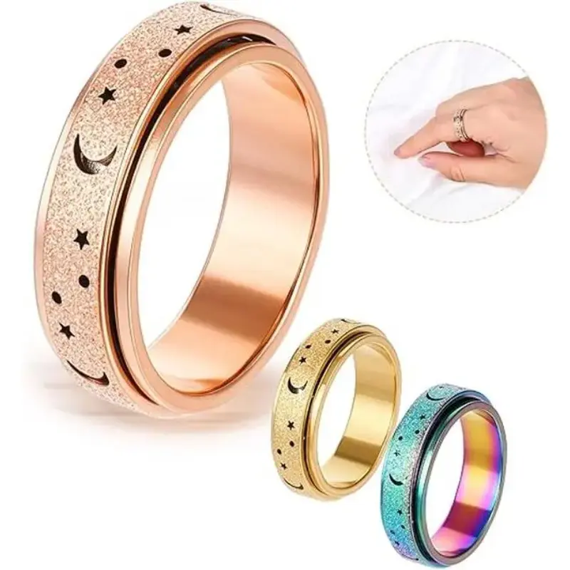 Female Funky Peppy Glamorous Moon Star Rainbow Fidget Spinner Ring - Adjustable Rotating Anti Anxiety Jewelry for Stress Relief, Pvc, Anniversary, Stress Relief Rings