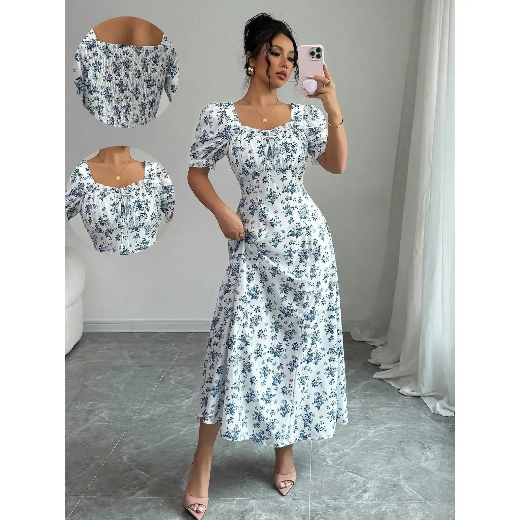 Women’s Ditsy Floral Print Dress, Square Neck Boho Midi Dress with Ruffled Hem, Short Sleeve A-Line Casual Dress for Women, Flowy Comfortable Vacation Outfit, Spring Summer Essential