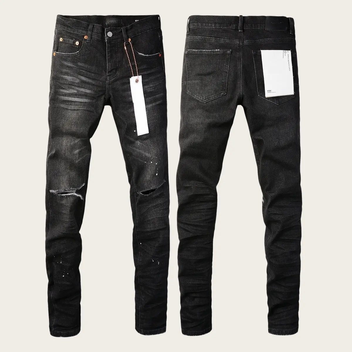 Mens Y2K Vintage Luxury Designer Stacked Jeans Trend Vintage Washed Knee Ripped Paint Splash Slim Tapered Cuff Stretch Denim New Tags US Sizes 28-40
