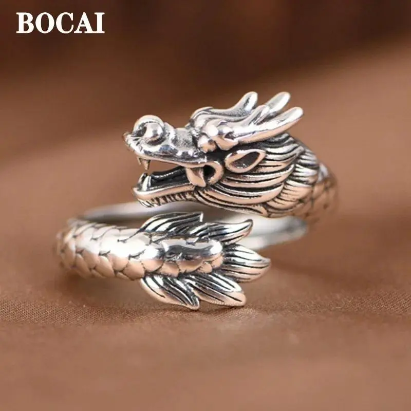 BOCAI NEW S925 Silver Retro Ethnic Totem Auspicious Beast Chinese Dragon Engagement Ring For Men Fashion Jewelry Accessories