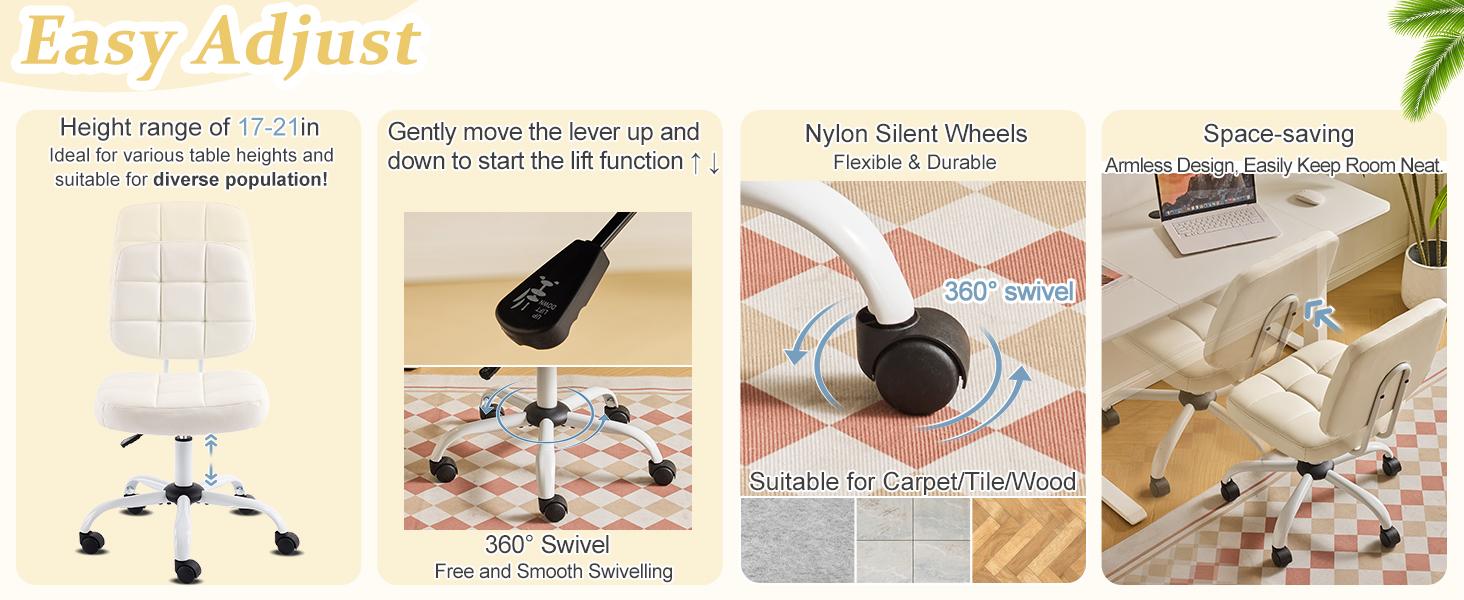 VINGLI Compact Small Desk Chair, Cute Armless Chair with Wheels, Vanity Chair with Low Back, Height Adjustable Task Chair for Small Spaces, Office, Bedroom, Make Up Room, PU Leather, White