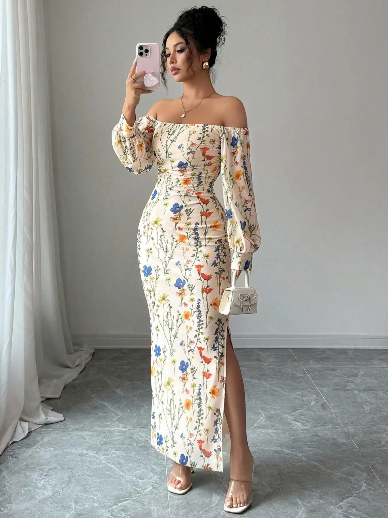 Elegant Chic Off-Shoulder Cream Floral Mesh Dress, Summer Slim Fit Lantern Sleeve, Stretch Waist High Slit Holiday Resort Dress