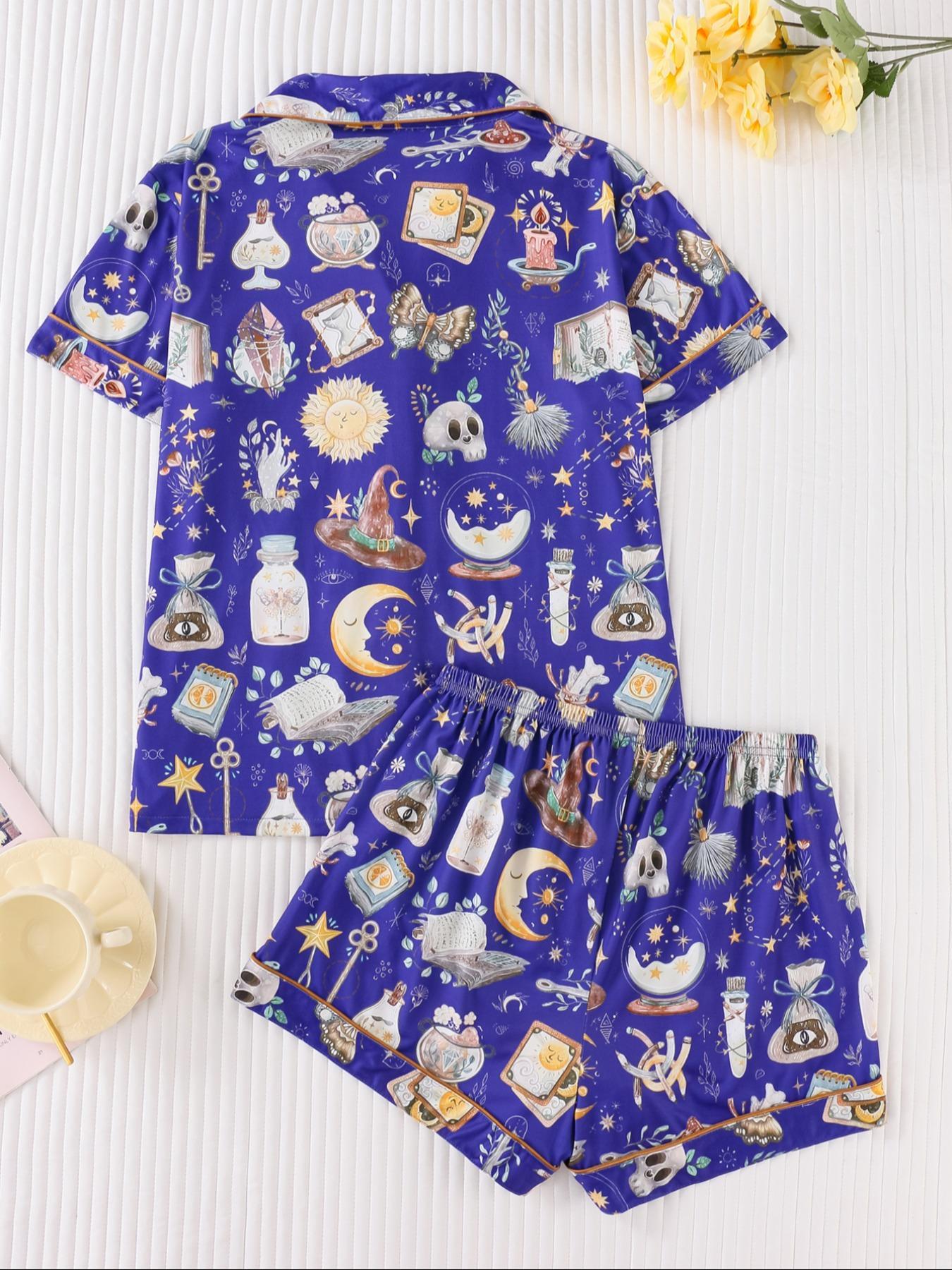 Women's All Over Print Pyjamas Two-piece Set, Casual Comfy Short Sleeve Lapel Neck Pajama Top & Elastic Waist Shorts PJ Set, Ladies Sleepwear, Loungewear Pajamas Set, Casual Pajama Sets