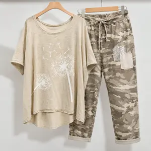 Women's Plus Size 2-Piece Cotton Linen Lounge Set, 2026 Loose Round Neck Lady Outfit with Jogger Pants, Summer Casual Travel Women's Clothes Suit for Gifting