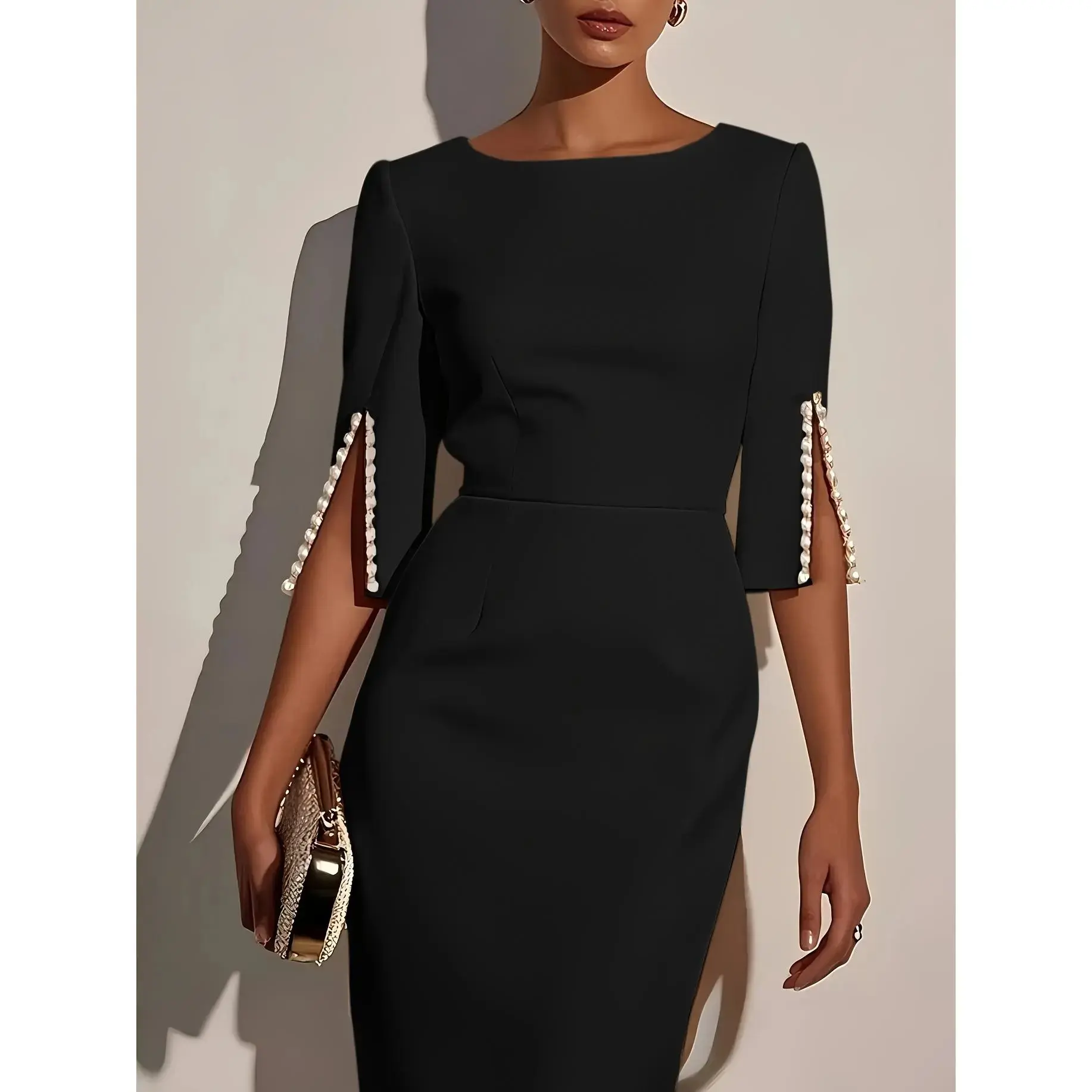 Solid Color Imitation Pearl Classic Boat Neck Fitted Dress with a Back Zipper, Mid-Length, And Elegant Split Sleeves.