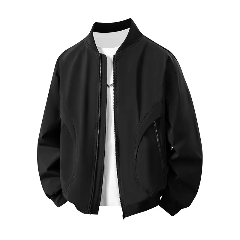 Men's Minimalist Bomber Jacket - Menswear Long Sleeve Regular Fit Stand Collar Full Zip Tops, Urban Tech-wear Silhouette Ribbed Trim Lightweight Structured Plain Outerwear, Casual Daily Layering Piece (3 Colors), Everyday Wear