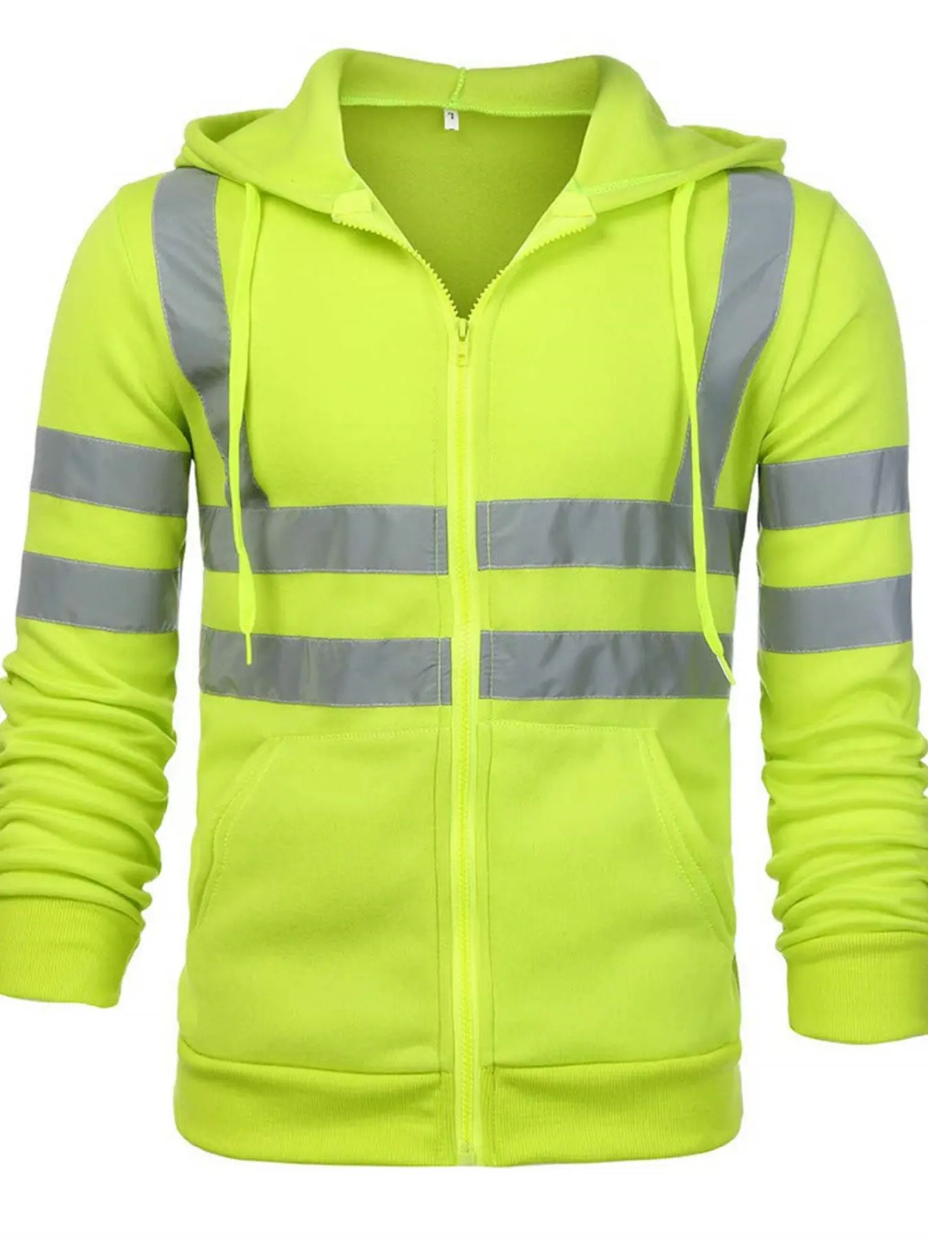 Men's high-visibility reflective hooded sweatshirt, fully zipped high-visibility safety work hooded sports jacket with reflective strips, suitable for construction, road work, night duty, and work uniforms.