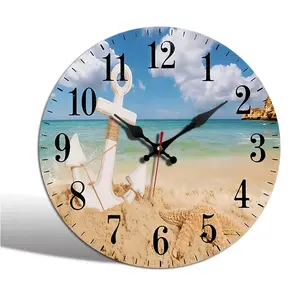 1pc round clock, creative nautical beach clock, seaside vacation style wall clock, silent quartz round acrylic clock, suitable for bedroom, living room, office, kitchen, bathroom, battery-powered (battery not included)