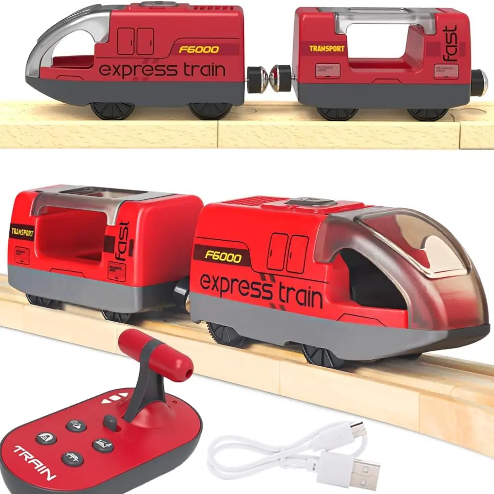 TOPLIVING Motorised Wooden Rail Train, Remote Control Train with Magnetic Connection, Battery Operated Locomotive Trains for Toddlers, Compatible with Thomas, Brio, Chuggington (Red)