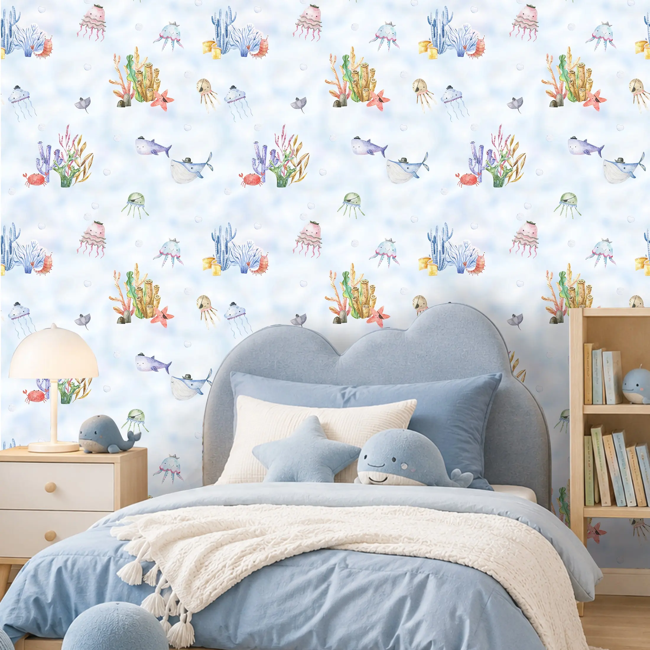 1 Roll 44.5cm/17.5in Watercolor Ocean Whale Jellyfish Coral Wall Decals, Self-Adhesive Boys Kids Sea Animal Wallpaper, Thick Waterproof Furniture Contact Paper, Easy Cut Peel Stick Wall Decor, for Baby Nursery Kids Bedroom Bathroom Cabinet DIY Home Makeov