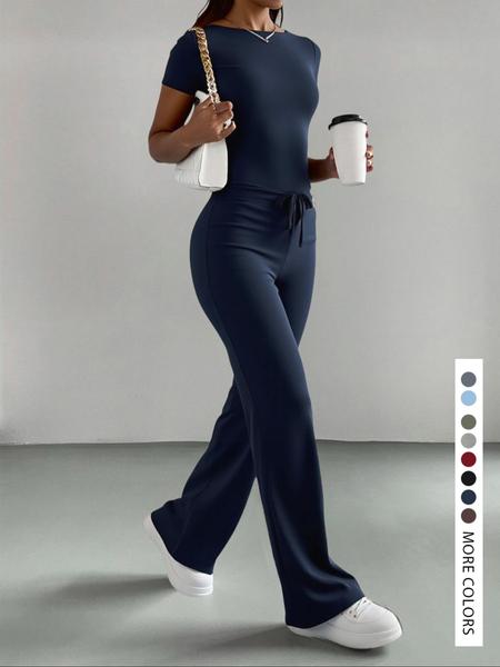 Two-piece Set Women's Solid Top & Pants, Elegant Fashion Casual Set for Daily Outdoor Wear, Women Clothes for Summer,Two-piece Set Women's Solid Top & Pants, Elegant Fashion Casual Set for Daily Outdoor Wear, Women Clothes for Summer,Airport Outfit