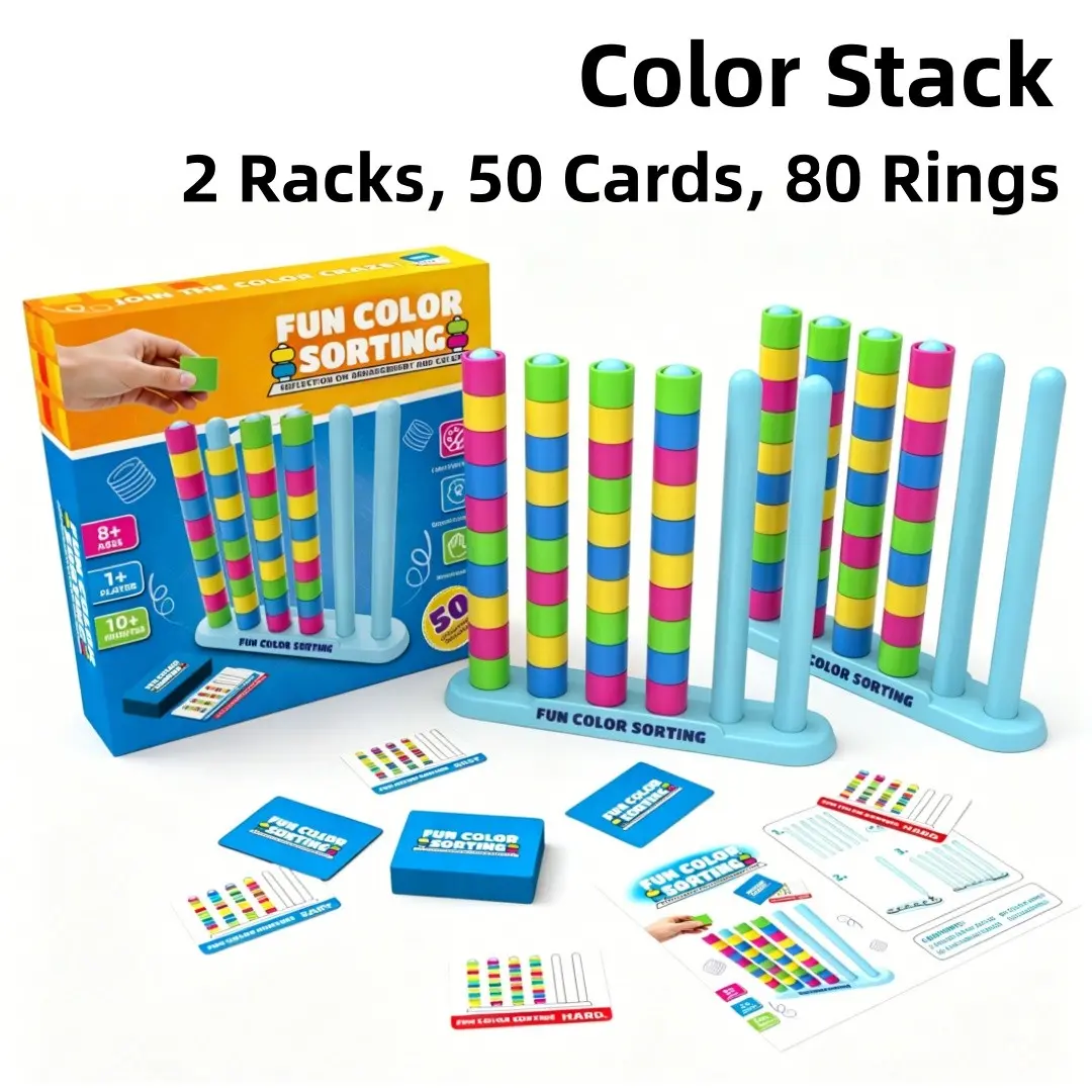 （2-Pack）Color Stack Challenge – Easter Basket Stuffers for Kids, A Fast-Paced Color Matching Puzzle Game for Fun Easter Family Game Night, Includes 2 Stack Racks, 50 Challenge Cards, & 80 Rings