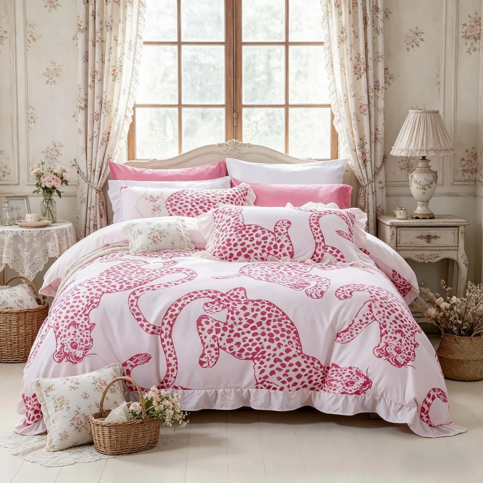 3-piece pink leopard print duvet cover set with ruffle edge, Ruffled duvet cover, breathable comfortable bedding, comes with duvet cover pillowcases, no filling, perfect for all seasons, ideal as holiday gifts