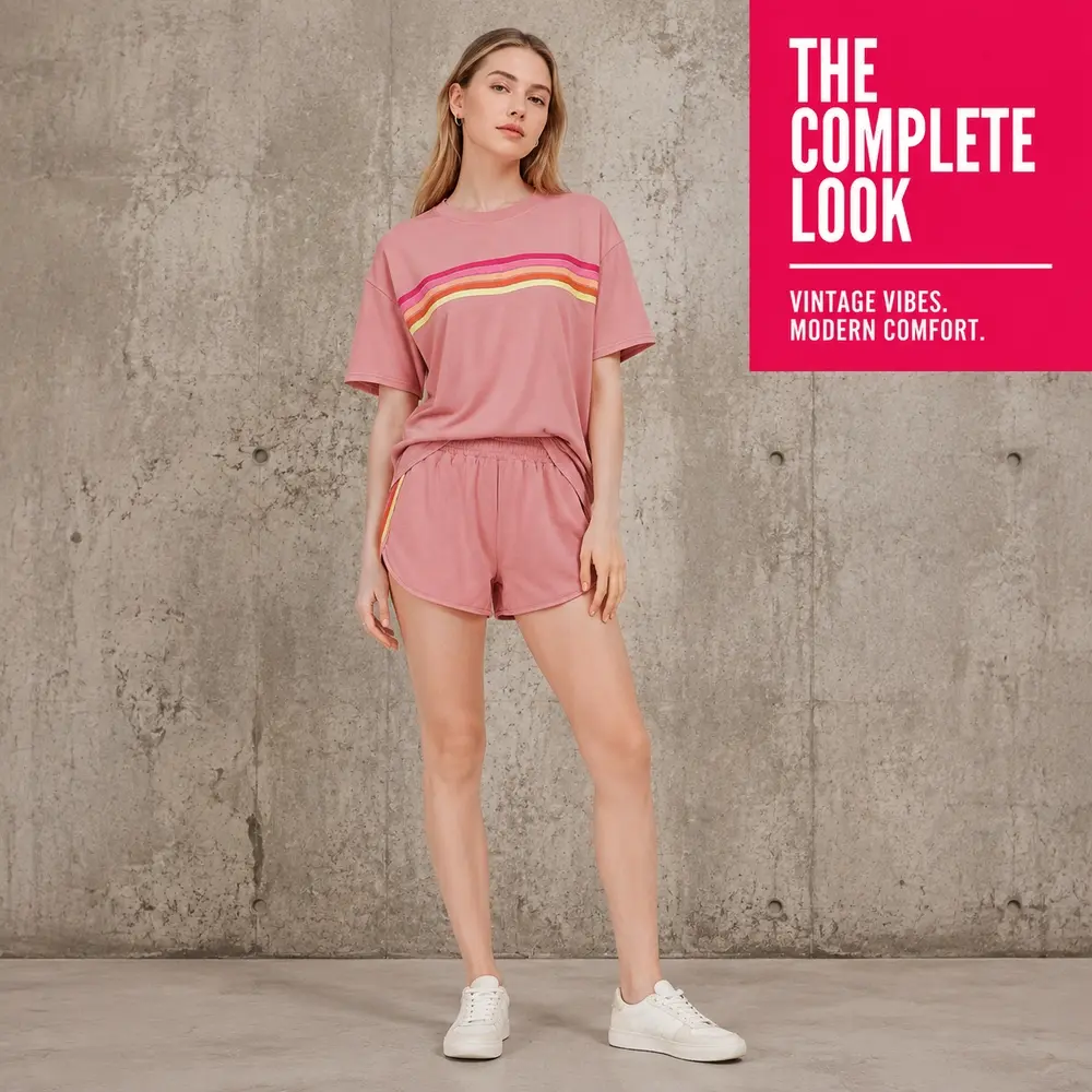 Women's 2 Piece Short Set Oversized Short Sleeve Crew Neck Tee and Elastic Waist Runner Shorts Retro Rainbow Striped Casual Streetwear Matching Outfit Relaxed Fit for Daily Vacation Beach Lounge Summer Spring