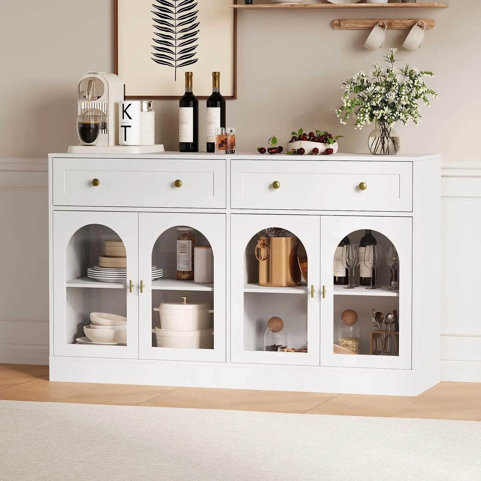 Modern Sideboard Buffet Cabinet 55" Large Kitchen Storage Cabinet with 3 Drawers Clear Acrylic Doors Adjustable Shelves Wood Credenza Console Table Coffee Bar Cabinet Wine Station for Dining Room Living Room Farmhouse White Black