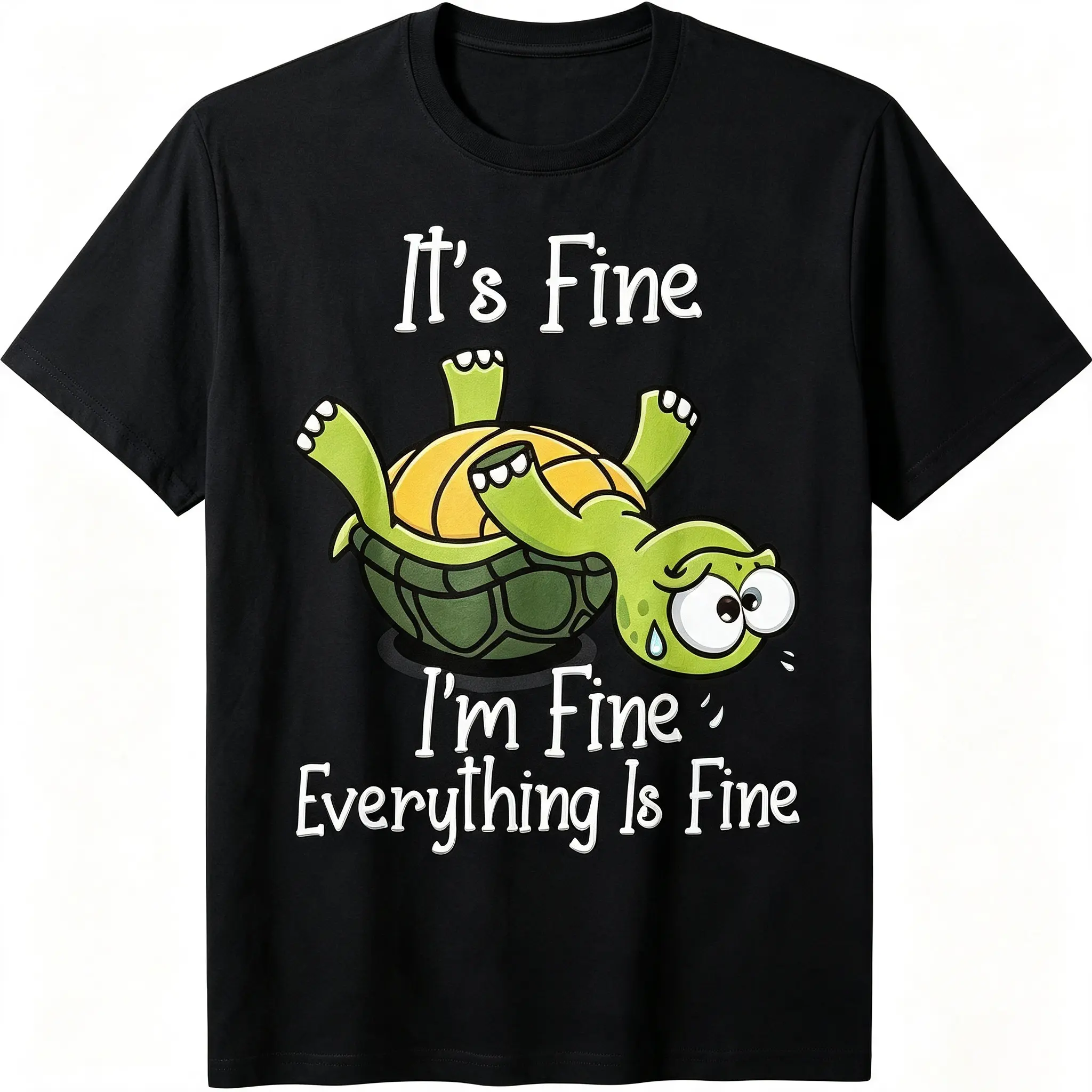 Men's Funny "It's Fine I'm Fine Everything Is Fine" Sarcastic Turtle Shirt - Cotton Tee with Funny Green Turtle Design, Single-Sided Print for Casual Casual Attire, Christmas, Wedding Gifts - Humorous Graphic Apparel for Men