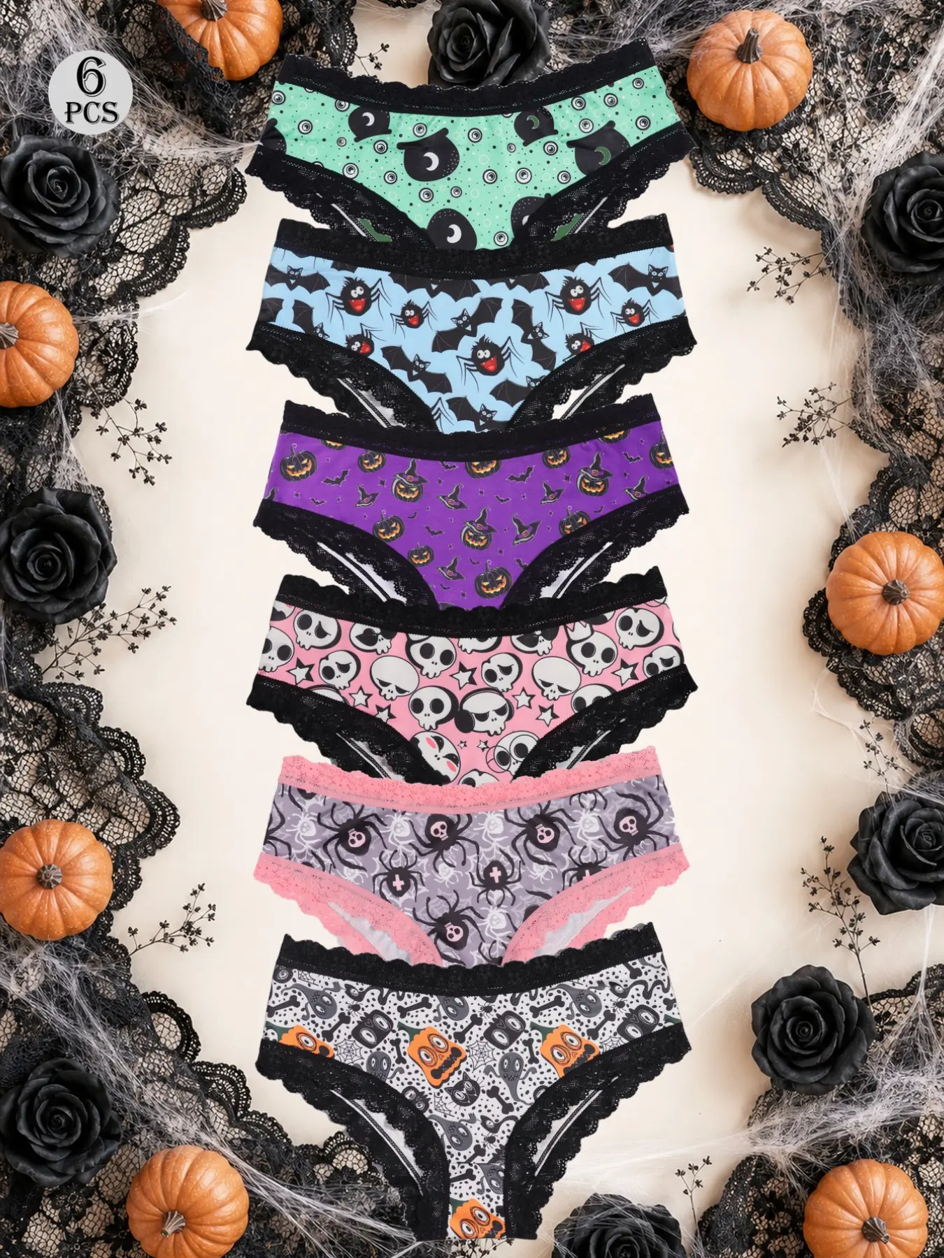 Morvia 6 Pack Halloween Pumpkin Print Festive Lace Panties, Low Rise Bikini Underwear, Smooth Stretch Fit, Party, Lounge, Daily Wear