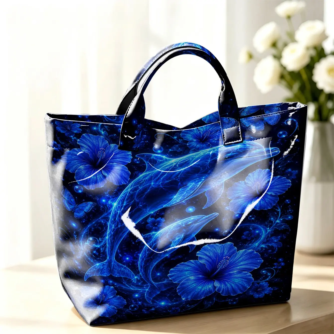 1pc Large Capacity Women Tote Bag, Luminous Blue Dolphin Hibiscus Bubble Butterfly Print Glossy Waterproof PVC Handbag, Tropical Ocean Vacation Casual Shoulder Bag for Beach Travel Shopping Daily Office Use