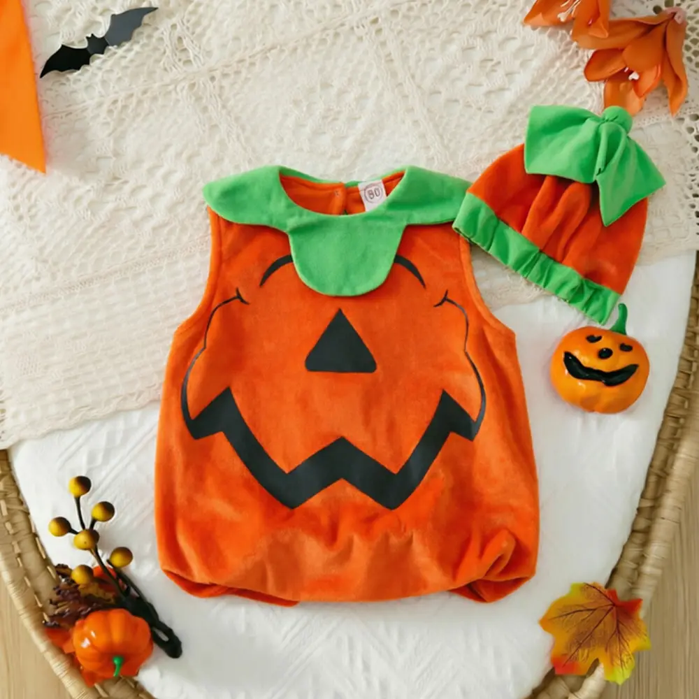 2 Pcs Infant Halloween Outfits, Baby Sleeveless Round Neck Pumpkin Costume + Color Block Hat,Perfect for Outdoor,Halloween 2pcs Set for Baby Boys and Girls