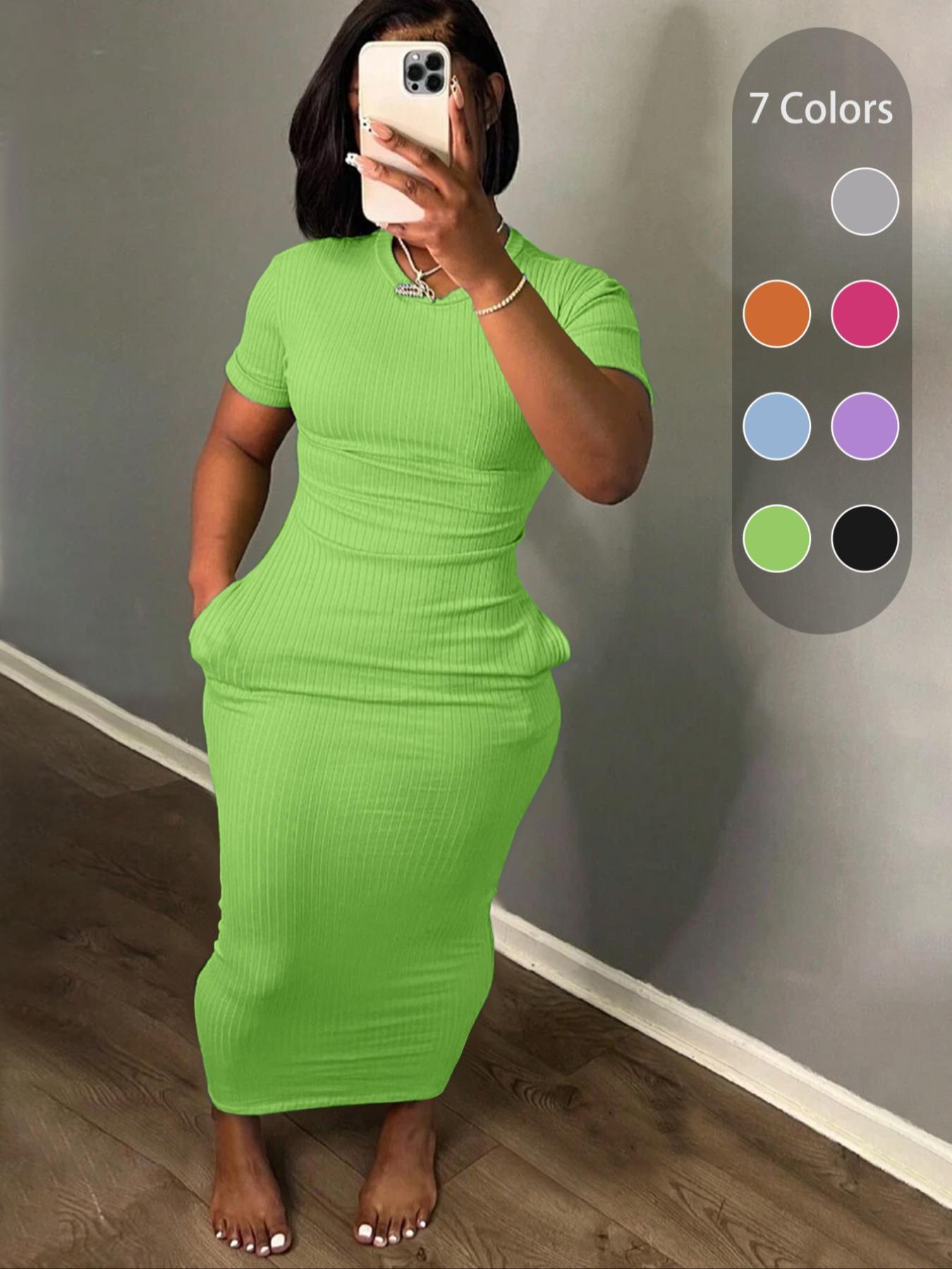 Plus Size Plain Pocket Round Neck Bodycon Fit Dress, Casual Short Sleeve Ribbed Long Dress for Summer, Women's Clothes for Daily Wear