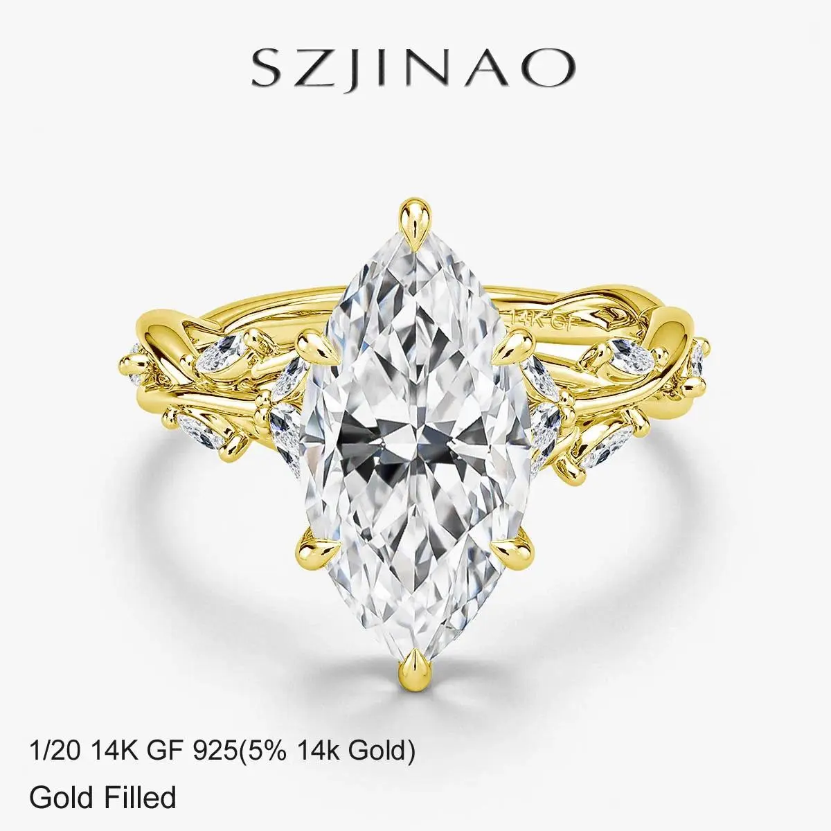Real 14K Gold Filled Moissanite Wedding  3CT Marquise Cut GRA Diamond Nature-Inspired Au585 Engagement  for Women toe vintage bohemian style eternity band
