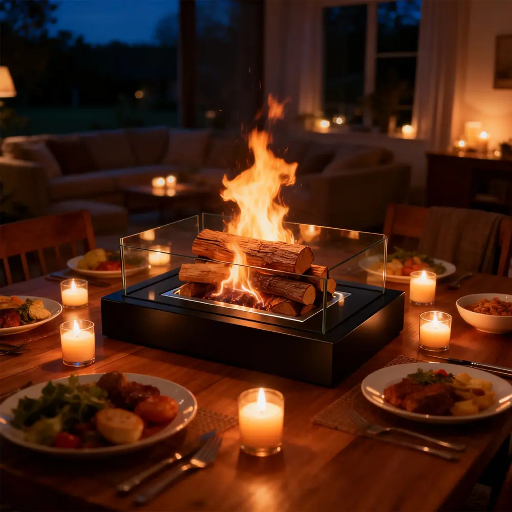 Luxury Tabletop Fire Pit Portable Indoor Outdoor Fireplace Bowl with Windproof Glass & Realistic Wood Logs for Home Decor & Evening Vibes