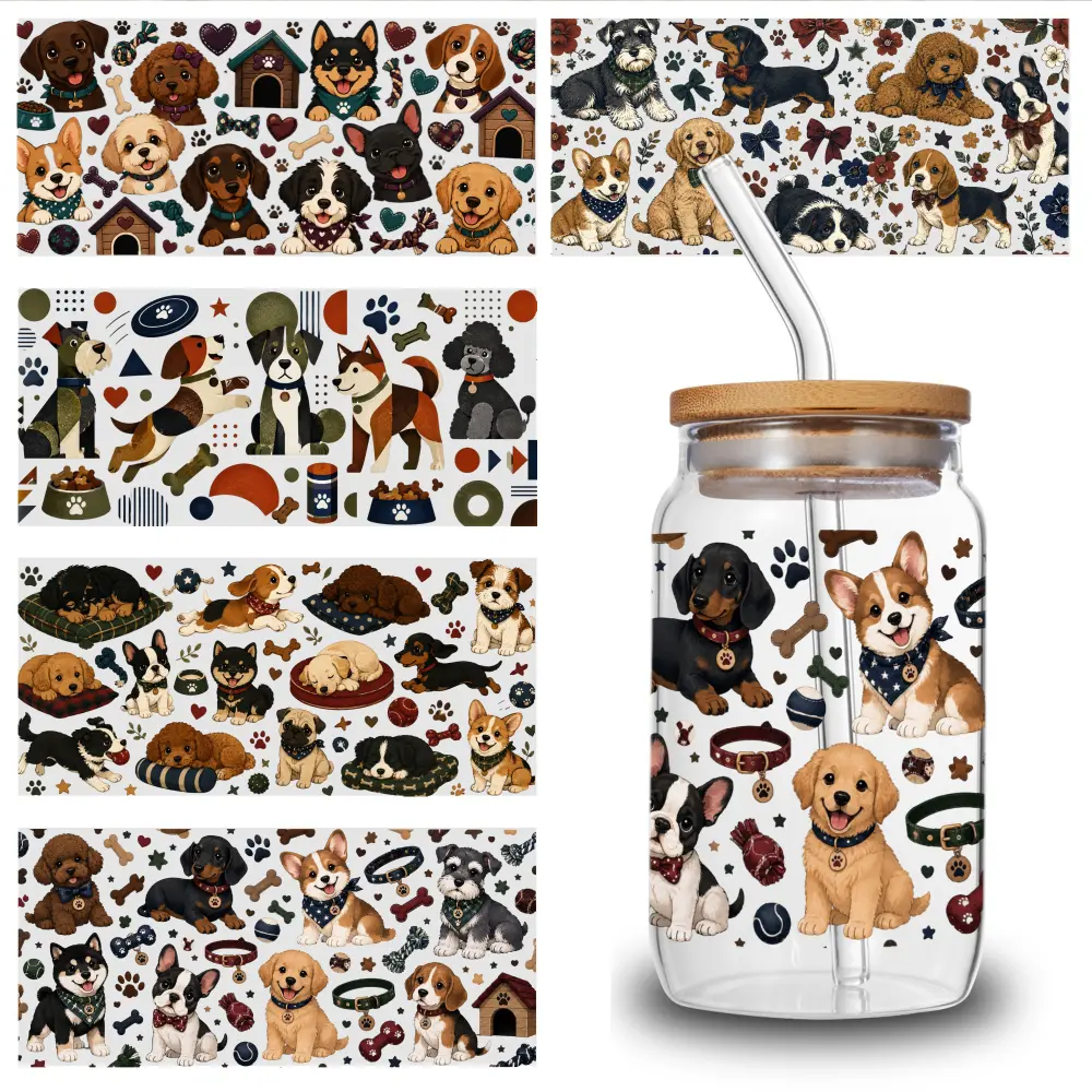 5 Sheets Cute Puppies UV DTF Stickers UV DTF Cup Wraps Stickers - for 16 Ounce Libbey Cups - Animal 3d Crystal Label - Waterproof And Scratch Resistant Sticker - DIY Sticker for Glass Cups And Bottles
