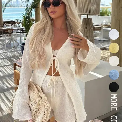 Women's Solid Color Tie-Front Long-Sleeve Top and Shorts, Matching Two-Piece Set, Cozy Fabric, Summer Outfit for Daily Wear and Vacation, Fashion Shorts Set