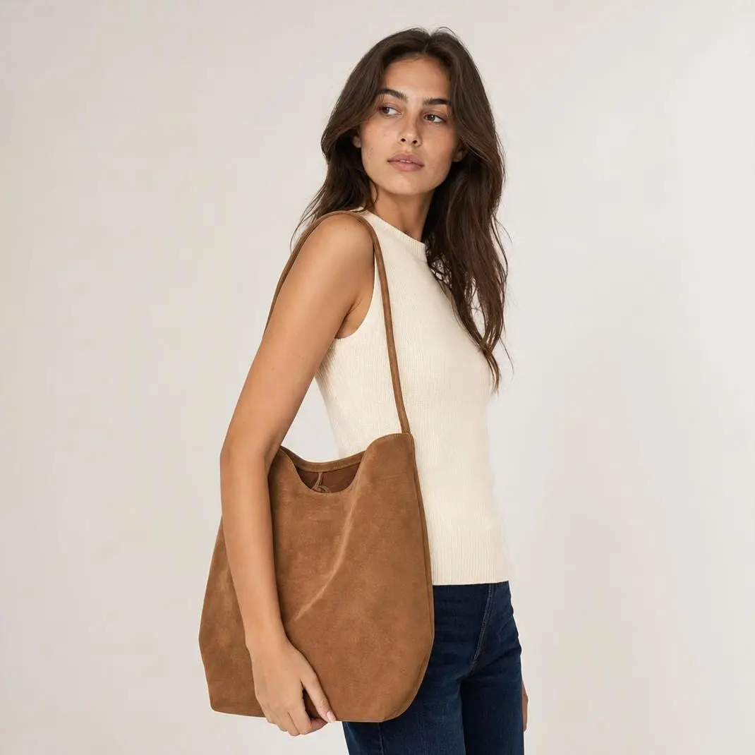 Women's Brown Suede Tote Bag, Slouchy Hobo Shoulder Purse with Long Strap, Minimalist Solid Color Bucket Handbag for Work, Shopping, Travel, School, Commuting, Fall Outfits, Vintage Casual Everyday Fashion Accessory, Trendy Gift for Her, Wife and Mom
