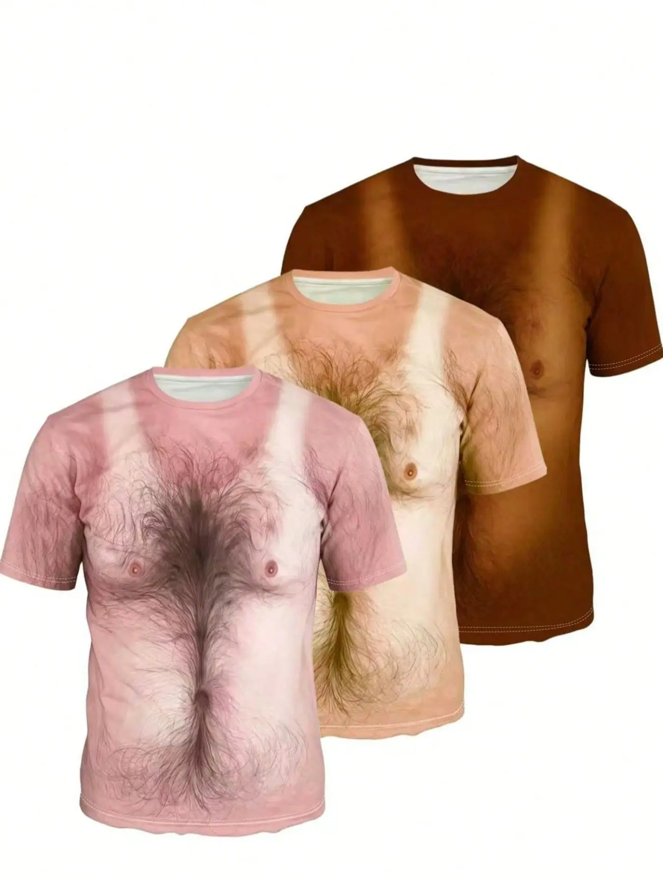 Men's New Casual T-Shirts, Fun 3D Print, Realistic Chest Hair, Round Neck Design, Perfect for Parties and Daily Wear