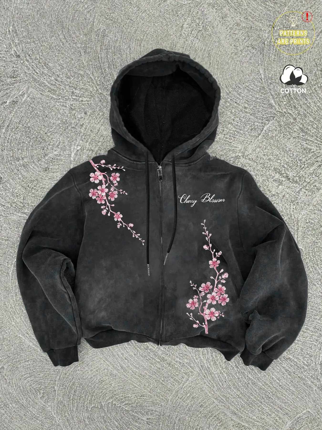Men's Vintage Cherry Blossom Print Zip-Up Hoodie, Loose-Fit Washed Drawstring Hooded Sweatshirt for Fall & Winter, Casual Streetwear Top