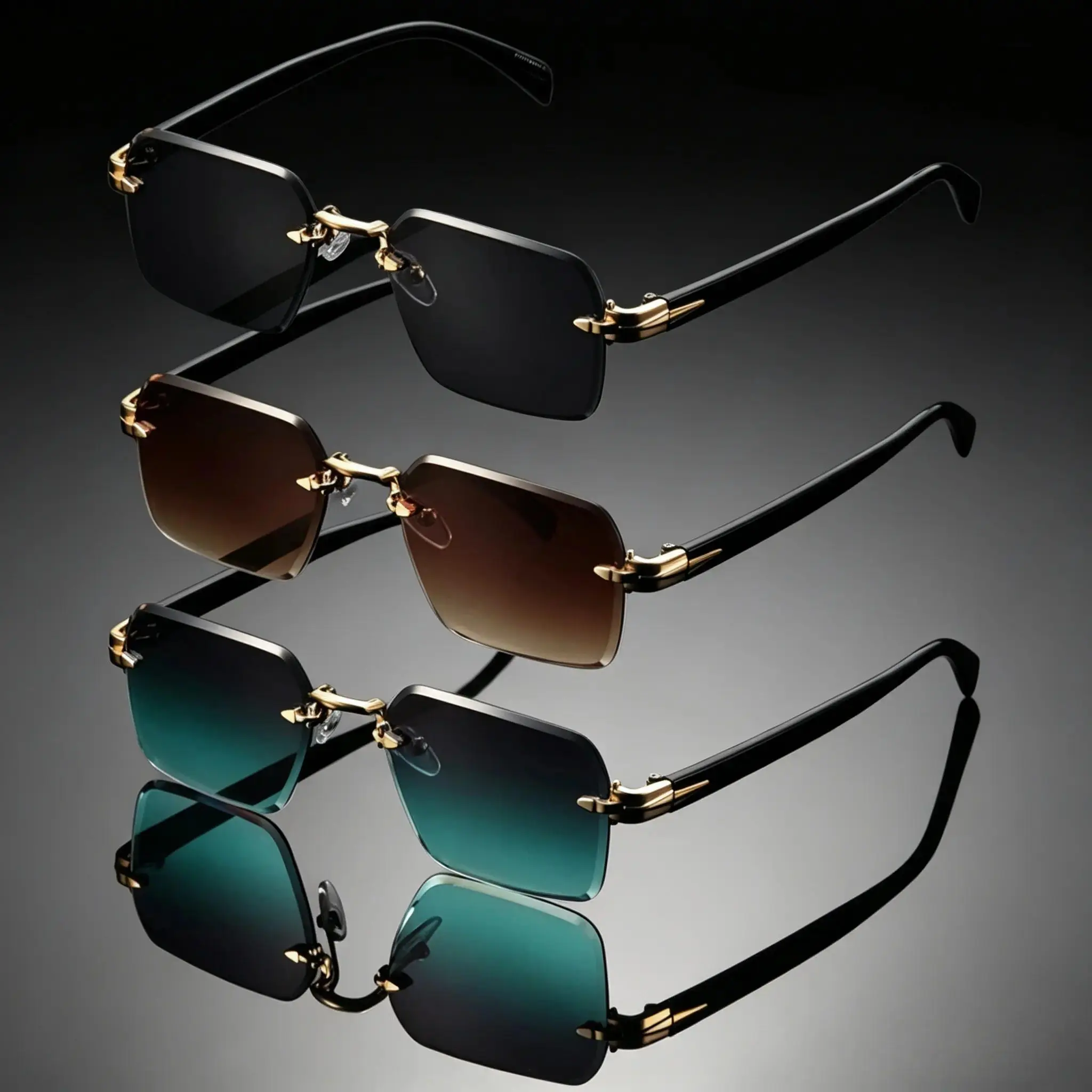 1/3pc Rimless Rectangle Sunglasses, Gold Accent Gradient Lens Fashion Shades for Women & Men, Y2K Frameless Eyewear for Travel