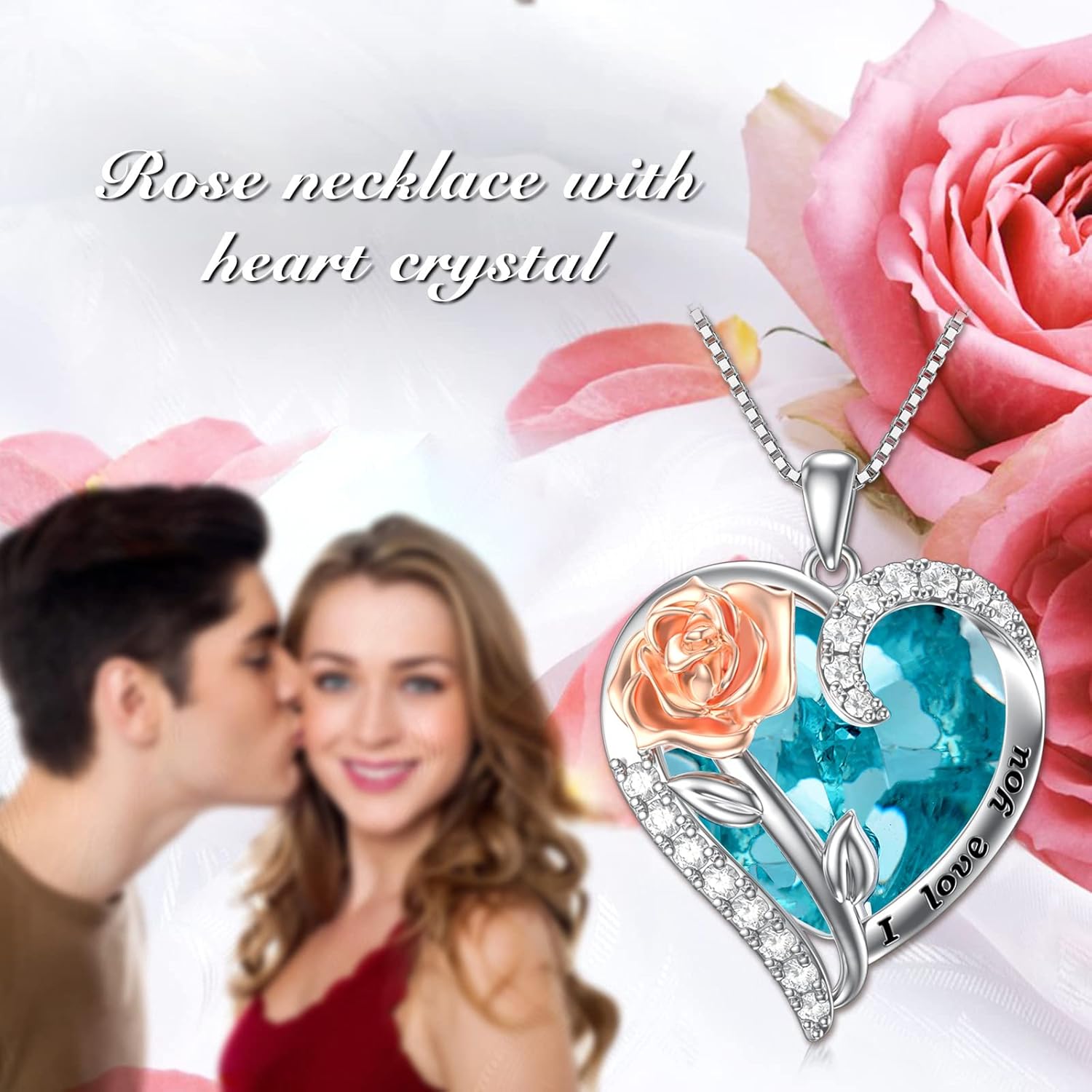 TOUPOP Birthstone Necklace for Women 925 Sterling Silver Rose Flower Heart Crystal Pendant Necklaces I Love You Jewelry Birthday Christmas Gifts for Women Her Girlfriend